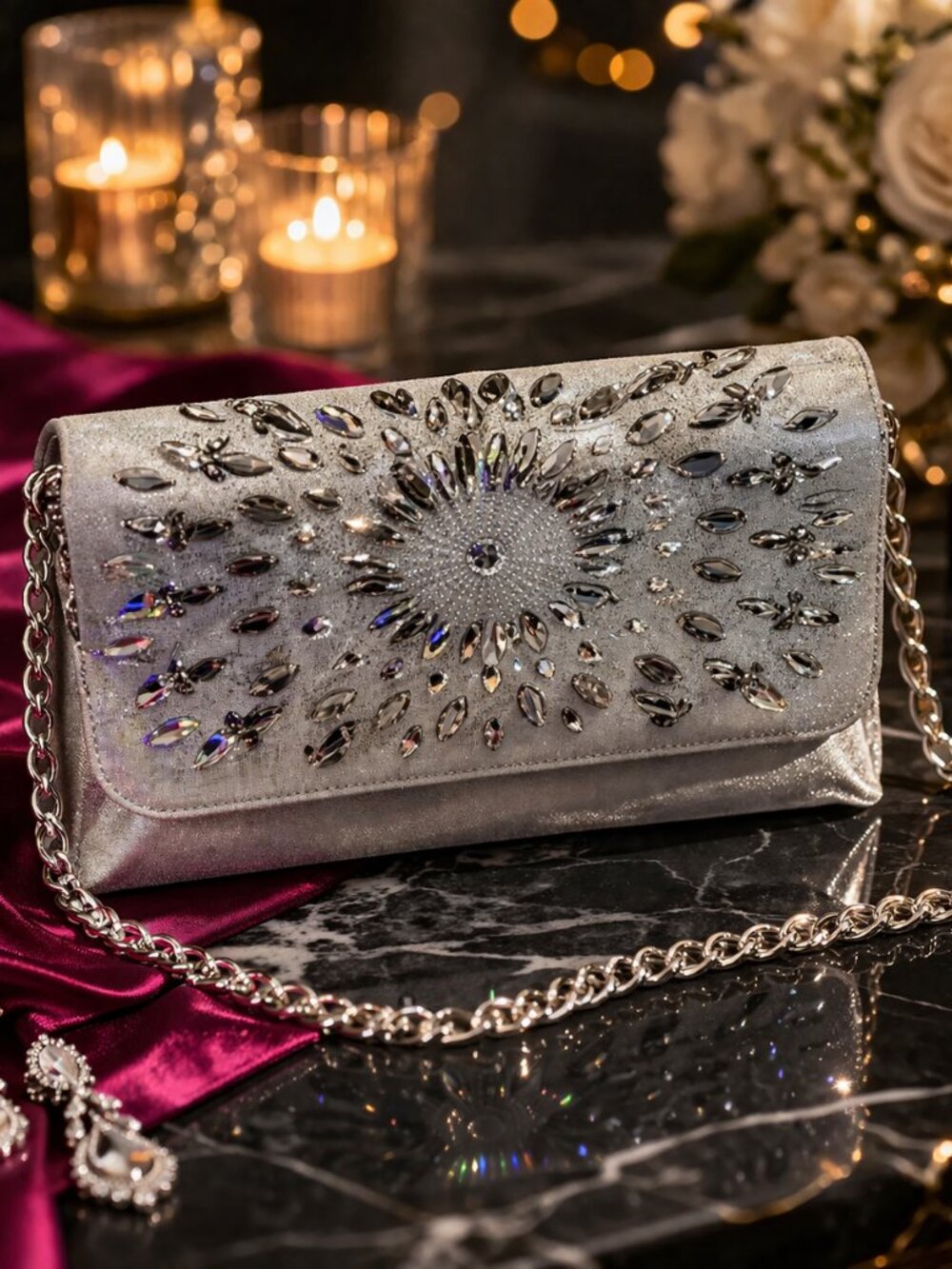 White House Black Market Rhinestone Clutch Silver Evening Bag Chain Strap